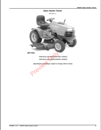 JOHN DEERE 2254HV SABRE GARDEN TRACTOR PC2698 - PARTS CATALOG MANUAL