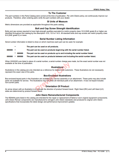JOHN DEERE RT6012 ROTARY TILLER PC13288 - PARTS CATALOG MANUAL