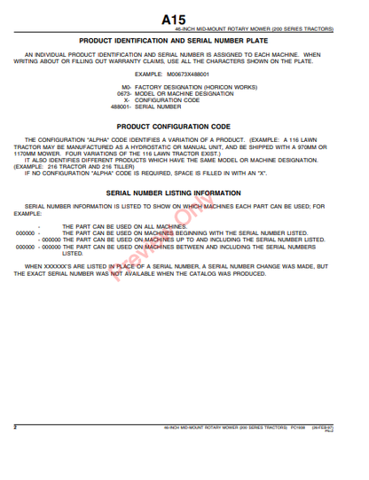 JOHN DEERE 46-INCH TRACTOR-MOUNTED ROTARY MOWER (FOR 200 SERIES) PC1938 - PARTS CATALOG MANUAL