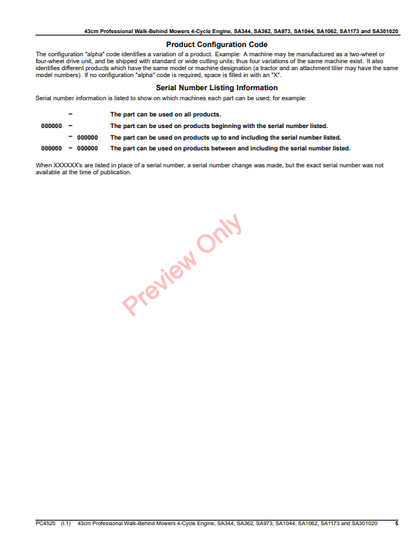 JOHN DEERE 43CM PROFESSIONAL WALK-BEHIND MOWERS 4-CYCLE ENGINE, SA344, SA362, SA973,SA1044, SA1062, SA1173 PC4525 - PARTS CATALOG MANUAL