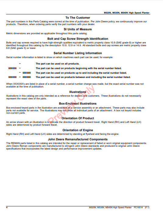 JOHN DEERE HP5004 HIGH SPEED PLANTER PC16514 - PARTS CATALOG MANUAL