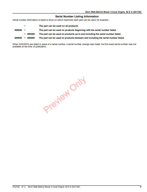 JOHN DEERE 52 CM WALK-BEHIND MOWER 4-CYCLE ENGINE, 52-SA (SA1126) PC4752 - PARTS CATALOG MANUAL