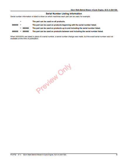 JOHN DEERE 52 CM WALK-BEHIND MOWER 4-CYCLE ENGINE, 52-SA (SA1126) PC4752 - PARTS CATALOG MANUAL