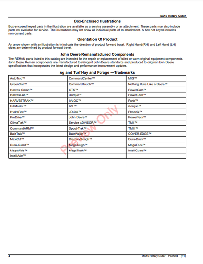 JOHN DEERE MX15 ROTARY CUTTER PC9994 - PARTS CATALOG MANUAL