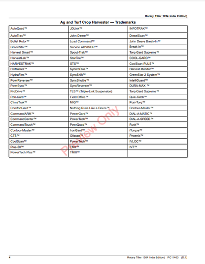 JOHN DEERE ROTARY TILLER 1204 (INDIA EDITION) PC11403 - PARTS CATALOG MANUAL