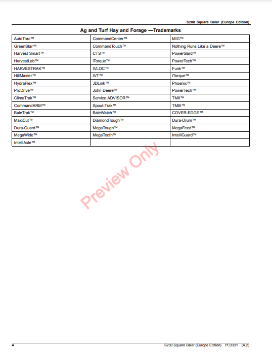 JOHN DEERE S200 SQUARE BALER (EUROPE EDITION) PC3331 - PARTS CATALOG MANUAL