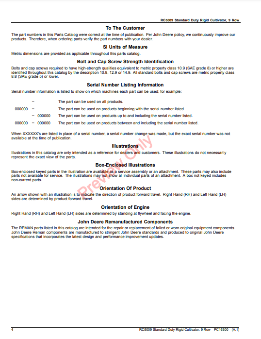 JOHN DEERE RC5009 STANDARD DUTY RIGID CULTIVATOR, 9 ROW PC16300 - PARTS CATALOG MANUAL