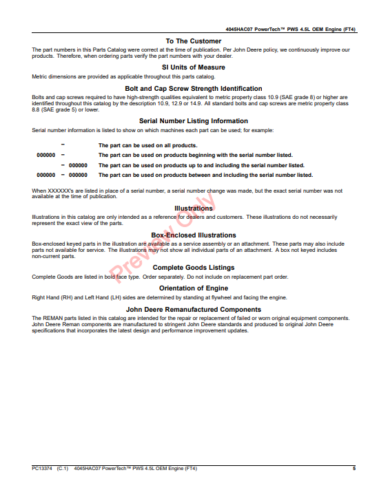 JOHN DEERE 4045HAC07 POWERTECH PWS 4.5L OEM ENGINE (FT4) PC13374 - PARTS CATALOG MANUAL