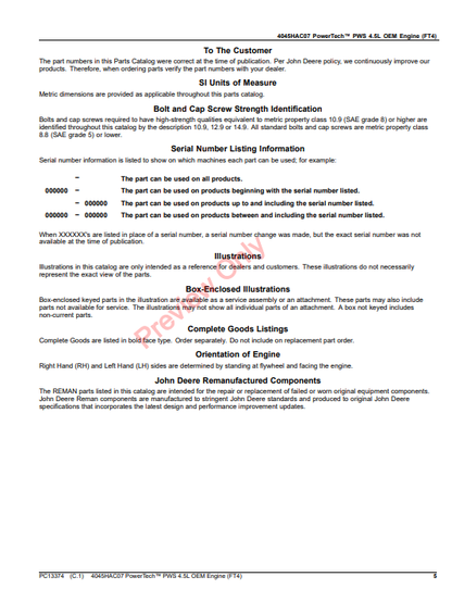 JOHN DEERE 4045HAC07 POWERTECH PWS 4.5L OEM ENGINE (FT4) PC13374 - PARTS CATALOG MANUAL