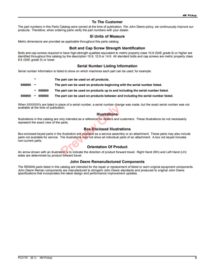 JOHN DEERE PICKUP, FORAGE HARVESTER 4MPU PC3175 - PARTS CATALOG MANUAL