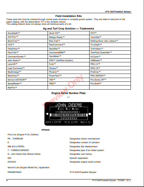 JOHN DEERE 4710 SELF-PROPELLED SPRAYER PC2829 - PARTS CATALOG MANUAL