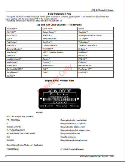 JOHN DEERE 4710 SELF-PROPELLED SPRAYER PC2829 - PARTS CATALOG MANUAL