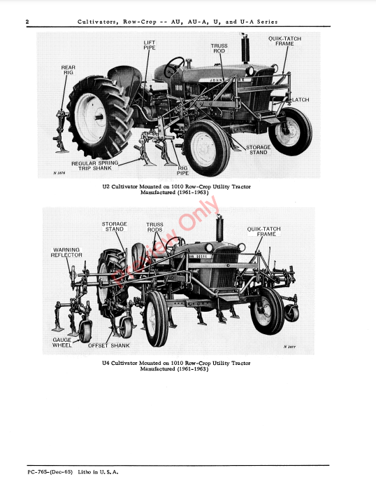 JOHN DEERE AU, AU-A, U, U-A ROW-CROP CULTIVATORS PC765 - PARTS CATALOG MANUAL