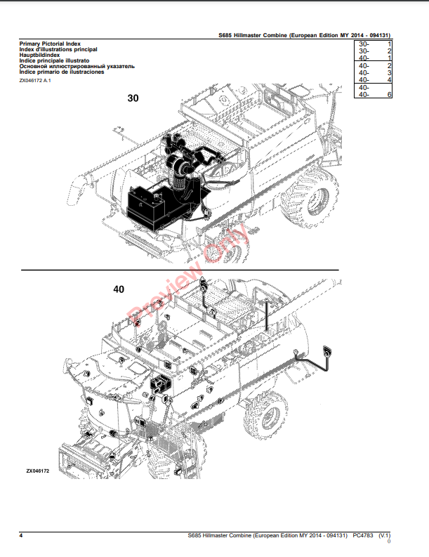 JOHN DEERE S685 HILLMASTER COMBINE PC4783 - PARTS CATALOG MANUAL