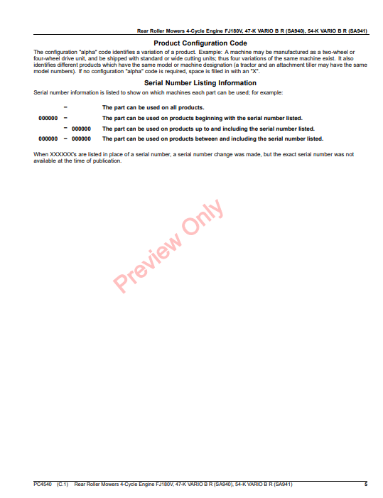 JOHN DEERE REAR  ROLLER MOWERS 4-CYCLE ENGINE FJ180V, 47-K VARIO B R (SA940), 54-K B R (SA941) PC4540 - PARTS CATALOG MANUAL