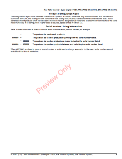 JOHN DEERE REAR  ROLLER MOWERS 4-CYCLE ENGINE FJ180V, 47-K VARIO B R (SA940), 54-K B R (SA941) PC4540 - PARTS CATALOG MANUAL