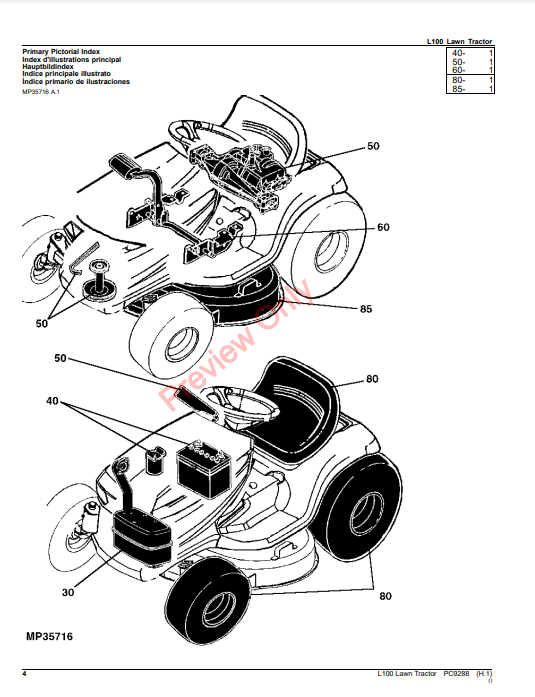 JOHN DEERE L100 LAWN TRACTOR PC9288 - PARTS CATALOG MANUAL