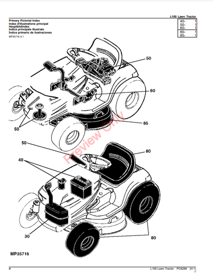 JOHN DEERE L100 LAWN TRACTOR PC9288 - PARTS CATALOG MANUAL