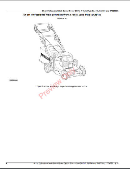 JOHN DEERE 54CM PROFESSIONAL WALK-BEHIND MOWER 54-PRO K VARIO PLUS (SA1510, SA1841, AND SA322920) PC4923 - PARTS CATALOG MANUAL