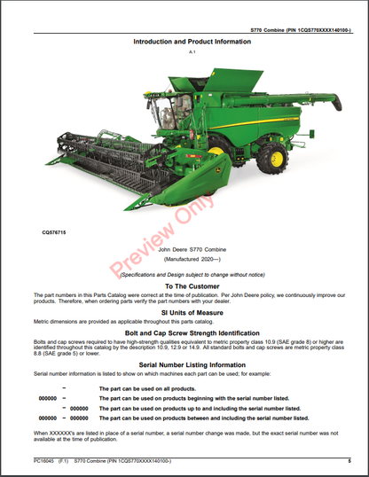 JOHN DEERE S770 COMBINE PC16045 - PARTS CATALOG MANUAL