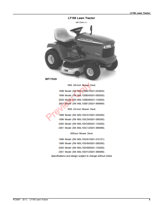 JOHN DEERE LT155 LAWN TRACTOR PC2607 - PARTS CATALOG MANUAL