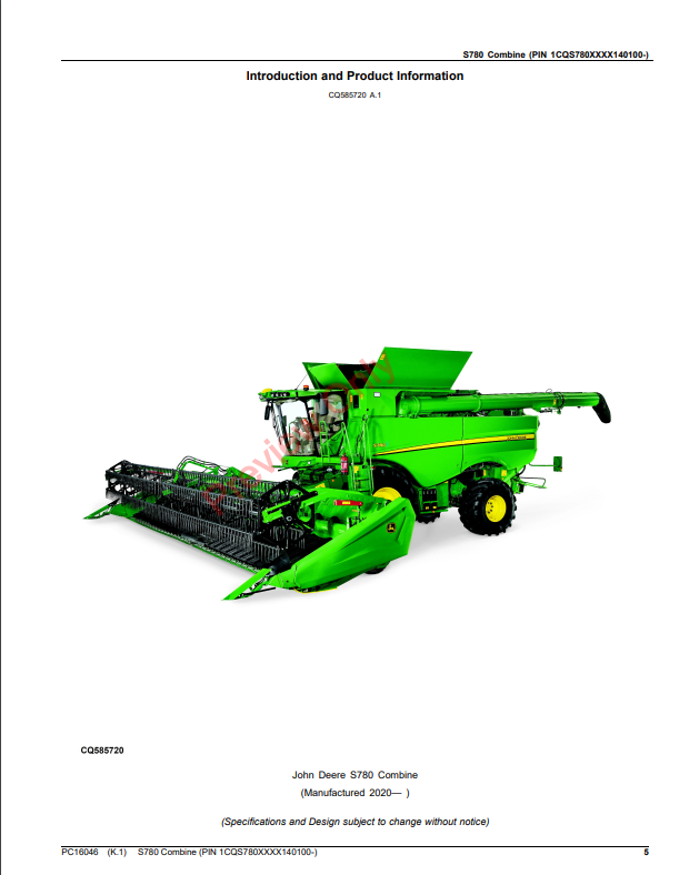 JOHN DEERE S780 COMBINE PC16046 - PARTS CATALOG MANUAL