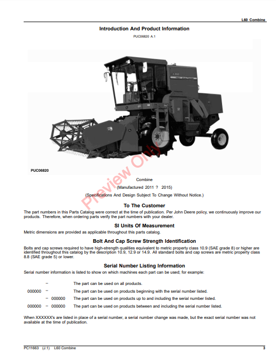 JOHN DEERE L60 COMBINE (CHINESE EDITION) PC11663 - PARTS CATALOG MANUAL