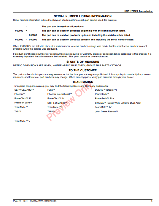 JOHN DEERE HMD12700 TRANSMISSION OEM PC9778 - PARTS CATALOG MANUAL