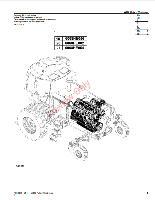 JOHN DEERE W260 ROTARY WINDROWER PC12246 - PARTS CATALOG MANUAL