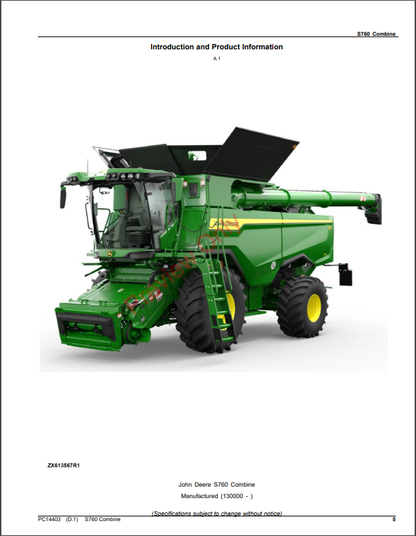 JOHN DEERE S760 COMBINE PC14403 - PARTS CATALOG MANUAL