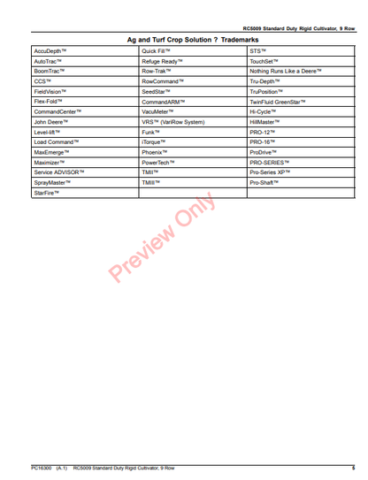 JOHN DEERE RC5009 STANDARD DUTY RIGID CULTIVATOR, 9 ROW PC16300 - PARTS CATALOG MANUAL