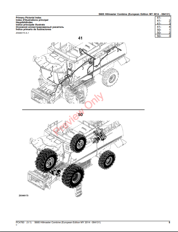 JOHN DEERE S685 HILLMASTER COMBINE PC4783 - PARTS CATALOG MANUAL