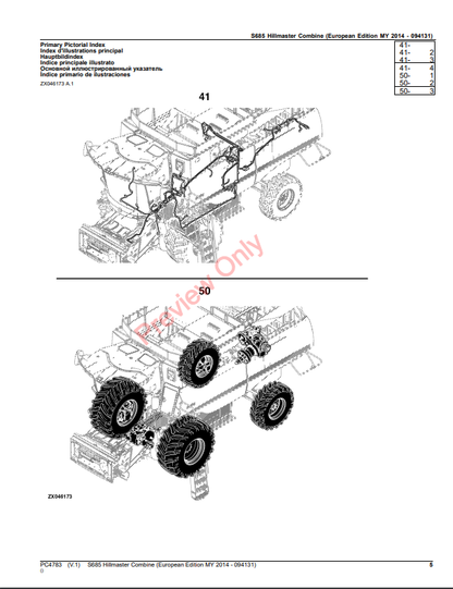 JOHN DEERE S685 HILLMASTER COMBINE PC4783 - PARTS CATALOG MANUAL