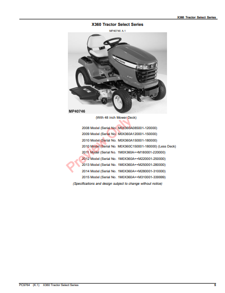 JOHN DEERE X360 TRACTOR SELECT SERIES PC9764 - PARTS CATALOG MANUAL