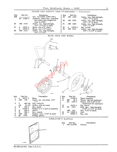 JOHN DEERE 444H MOLDBOARD PLOW,DRAWN PC583 - PARTS CATALOG MANUAL