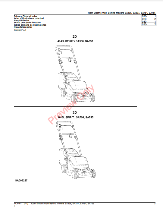 JOHN DEERE 40CM ELECTRIC WALK-BEHIND MOWERS SA336, SA337, SA754, SA755 PC4461 - PARTS CATALOG MANUAL