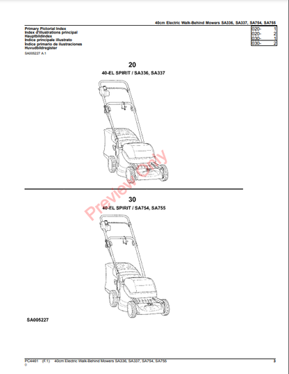 JOHN DEERE 40CM ELECTRIC WALK-BEHIND MOWERS SA336, SA337, SA754, SA755 PC4461 - PARTS CATALOG MANUAL