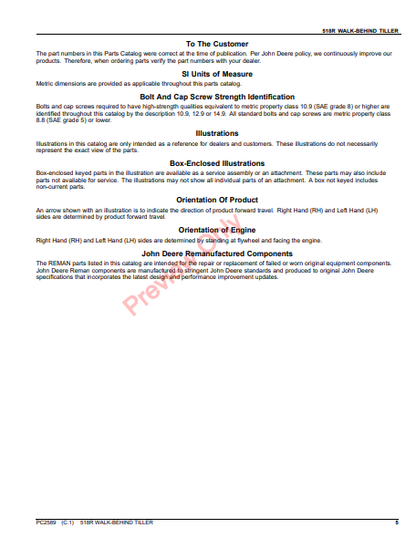 JOHN DEERE 518R WALK-BEHIND TILLER PC2589 - PARTS CATALOG MANUAL