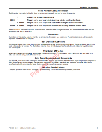 JOHN DEERE 520 SERIES FLAIL SHREDDERS PC6082 - PARTS CATALOG MANUAL