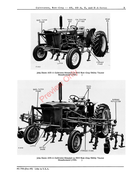 JOHN DEERE AU, AU-A, U, U-A ROW-CROP CULTIVATORS PC765 - PARTS CATALOG MANUAL