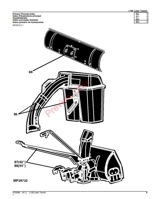 JOHN DEERE L100 LAWN TRACTOR PC9288 - PARTS CATALOG MANUAL