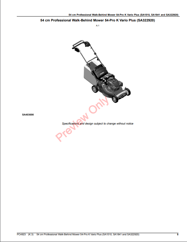 JOHN DEERE 54CM PROFESSIONAL WALK-BEHIND MOWER 54-PRO K VARIO PLUS (SA1510, SA1841, AND SA322920) PC4923 - PARTS CATALOG MANUAL