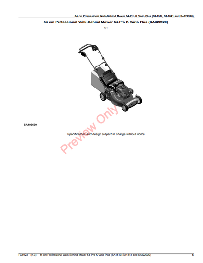 JOHN DEERE 54CM PROFESSIONAL WALK-BEHIND MOWER 54-PRO K VARIO PLUS (SA1510, SA1841, AND SA322920) PC4923 - PARTS CATALOG MANUAL