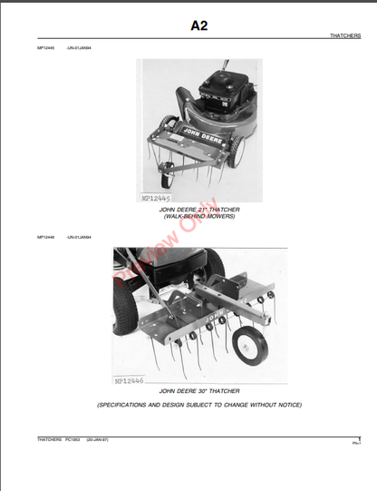 JOHN DEERE THATCHERS PC1953 - PARTS CATALOG MANUAL