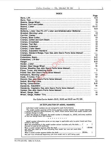 JOHN DEERE 52-04 CULTA-CARRIER PC770 - PARTS CATALOG MANUAL