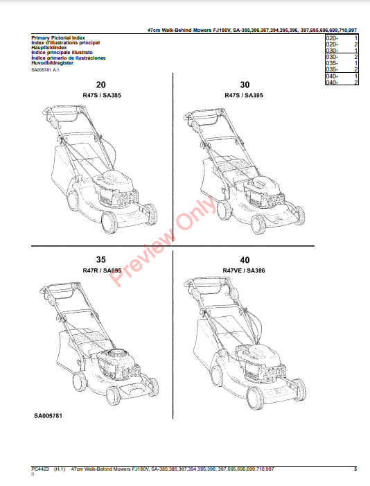 JOHN DEERE 47CM WALK-BEHIND MOWERS 4-CYCLE ENGINE FJ180V, SA385, SA386, SA387, SA394, SA395, SA396, SA397, SA695, SA PC4423 - PARTS CATALOG MANUAL