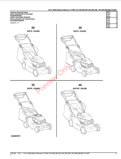 JOHN DEERE 47CM WALK-BEHIND MOWERS 4-CYCLE ENGINE FJ180V, SA385, SA386, SA387, SA394, SA395, SA396, SA397, SA695, SA PC4423 - PARTS CATALOG MANUAL