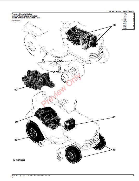 JOHN DEERE L17.542 SCOTTS LAWN TRACTOR PC9101 - PARTS CATALOG MANUAL