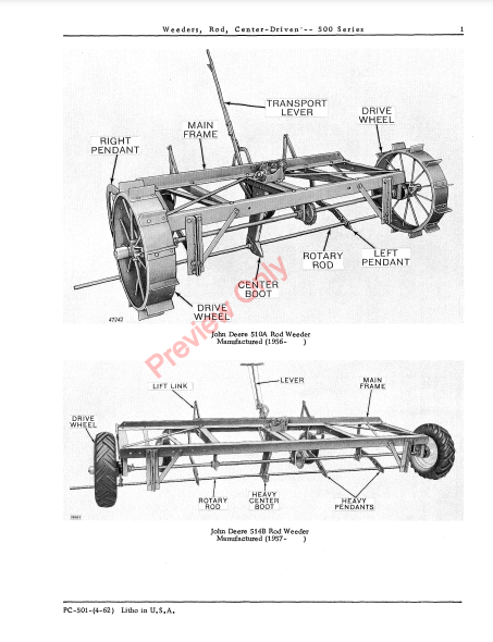 JOHN DEERE CENTER-DRIVEN ROD WEEDERS - 500 SERIES PC501 - PARTS CATALOG MANUAL