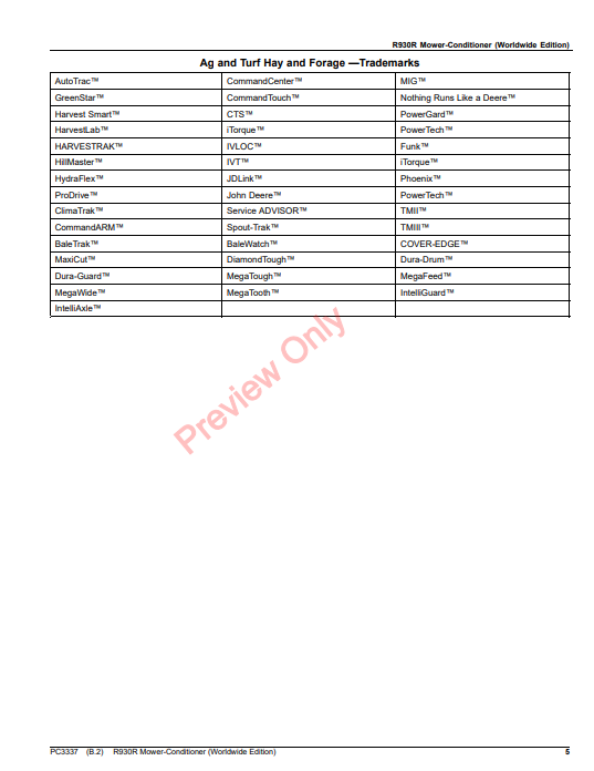 JOHN DEERE R930R MOWER-CONDITIONER (WORLDWIDE EDITION) PC3337 - PARTS CATALOG MANUAL